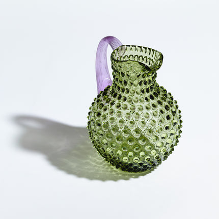 Mundgeblasener Hobnail Glaskrug von Anna von Lipa in Olivgrün und Lila
