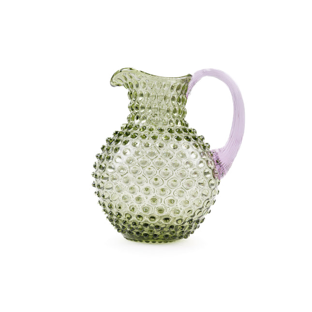 Anna von Lipa Hobnail Krug in Olivgrün mit lilafarbenem Henkel, 2 Liter