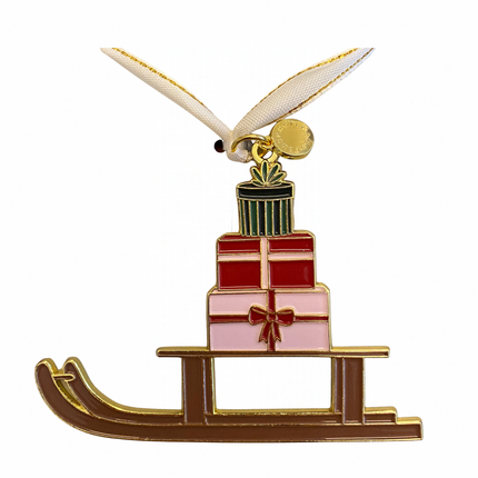 Eulenschnitt Baumschmuck Schlitten aus Metall und Emaille