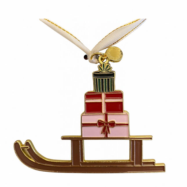 Eulenschnitt Baumschmuck Schlitten aus Metall und Emaille