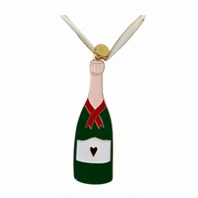 Eulenschnitt Baumschmuck Champagnerflasche in Grün mit weißen, roten und goldenen Details