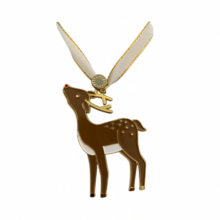 Eulenschnitt Baumschmuck Reh in Braun mit roter Nase und weißen sowie goldenen Details