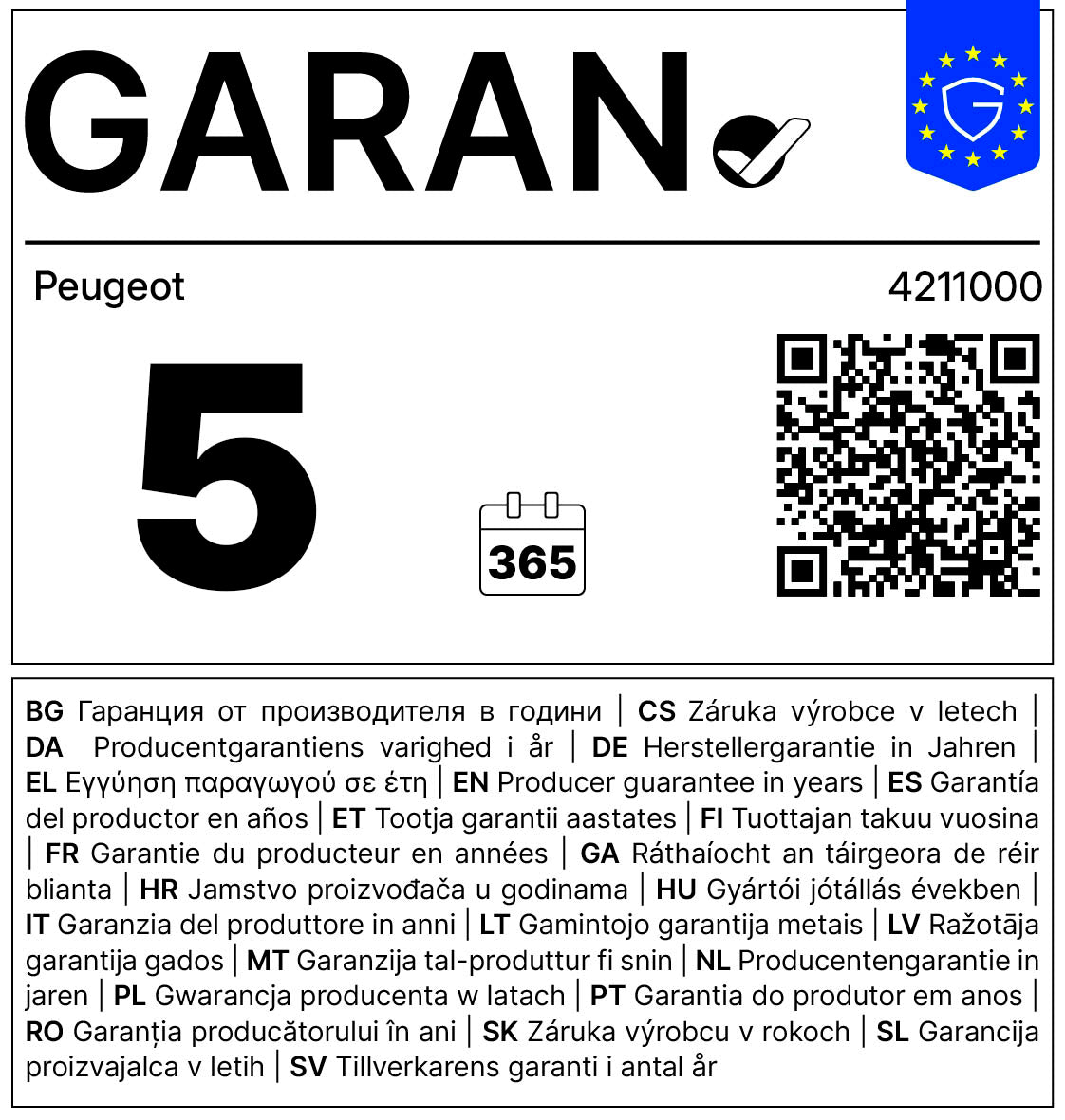 GARAN-Label: Herstellergarantie Peugeot, Modell 4211000