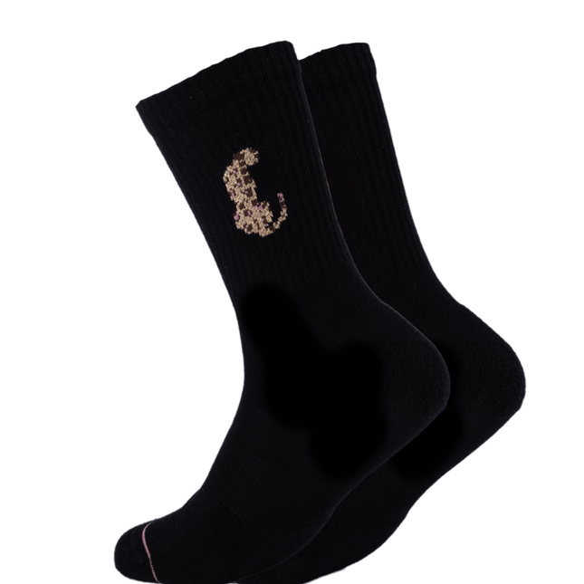 Schwarze OOLEY Tennissocken mit kleinem Leoparden-Motiv und Rippstruktur